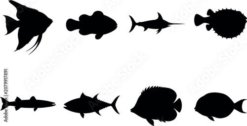 Photos Collection of black fish silhouettes including angelfish swordfish tuna pufferfi