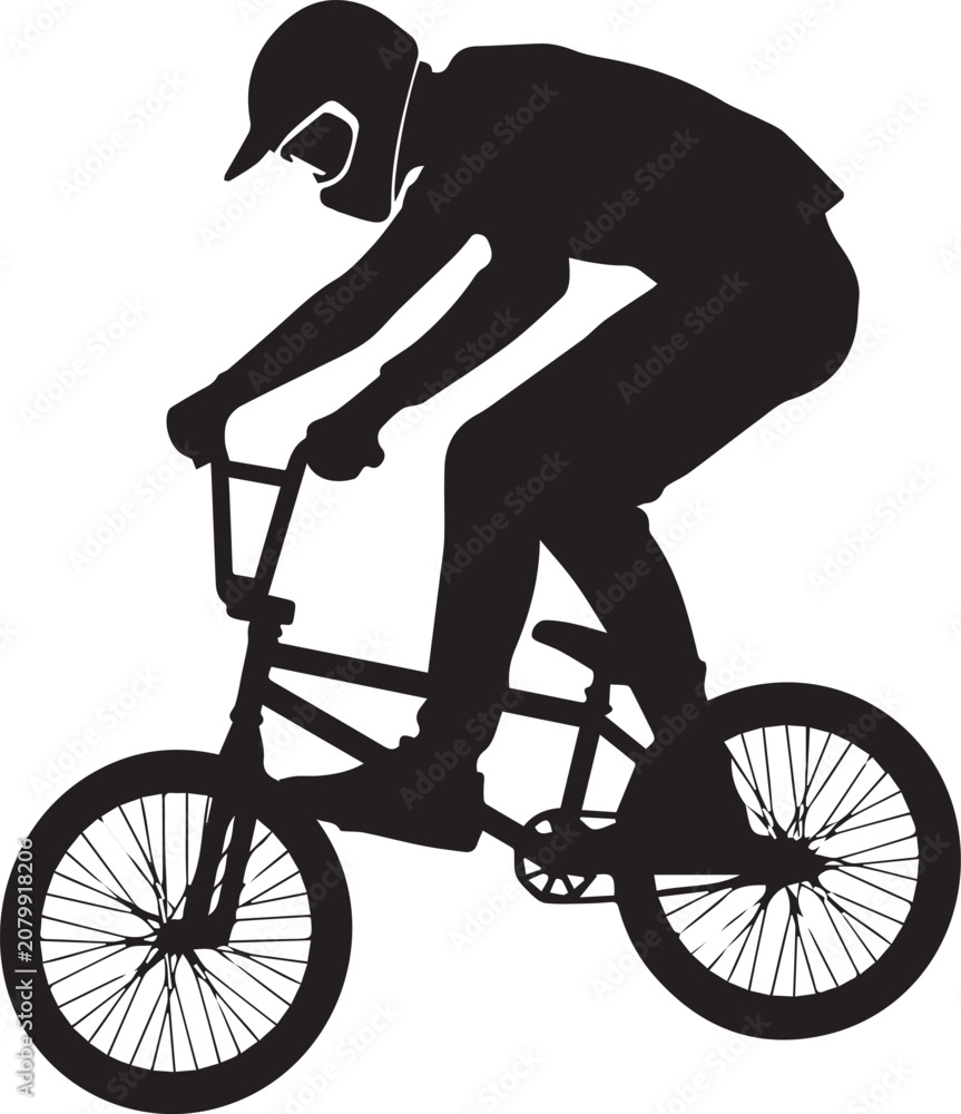 Obraz premium Silhouette of cyclist riding bike in motion, athletic bmx rider helmet, silhouette style isolated on white background for sports design