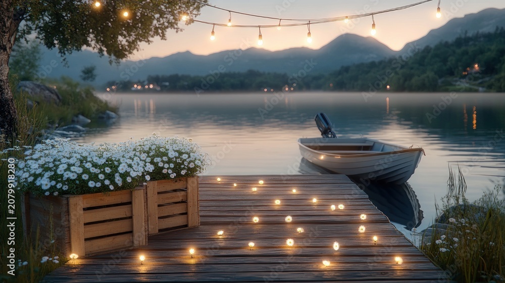 Fototapeta premium wooden dock at twilight with a planter of white daisies, glowing string lights and scattered fairy lights beside a moored rowboat on a misty mountain lake, serene and romantic