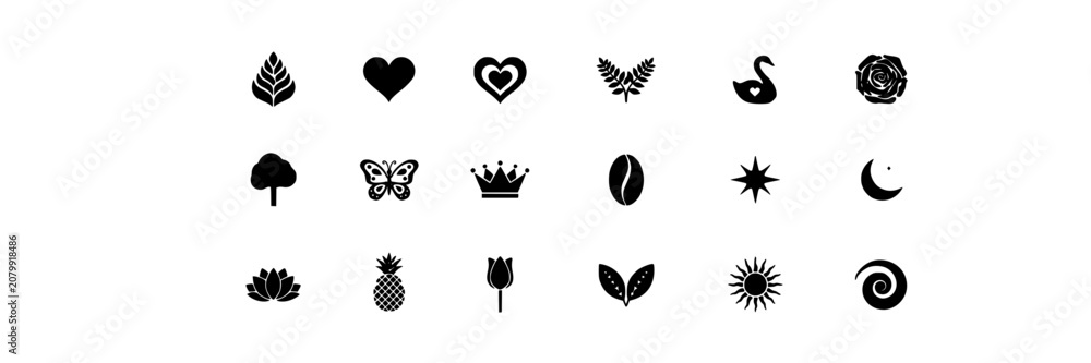 Fototapeta premium Symbols Featuring Nature, Objects, and Celestial Elements in Black and White Vector Icons Featuring Heart, Butterfly, Crown