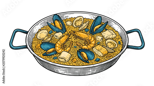 Traditional seafood paella in metal cooking pan.