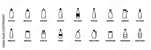 Sauce Bottles Illustration Featuring Ketchup, Bbq Sauce, Mustard, Soy Sauce, Vinegar, Dressings, Hot Sauce, Sriracha, Olive Oil, H