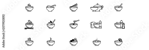 Soup Bowl Icon Set in Monochrome Line Art Style, Assorted Noodle and Spoon Symbols for Menu and Food Concept Designs