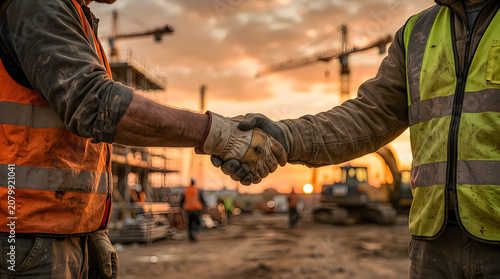 Two construction workers shaking hands at a building site during a beautiful golden sunset
