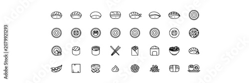 Sushi Icons Arranged in a Grid with Various Styles and Designs Featuring Icon, Food, Japanese with Cuisine and Vector Elements