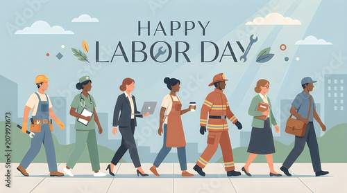 Happy labor day banner with diverse professionals and workers walking in a line together illustration