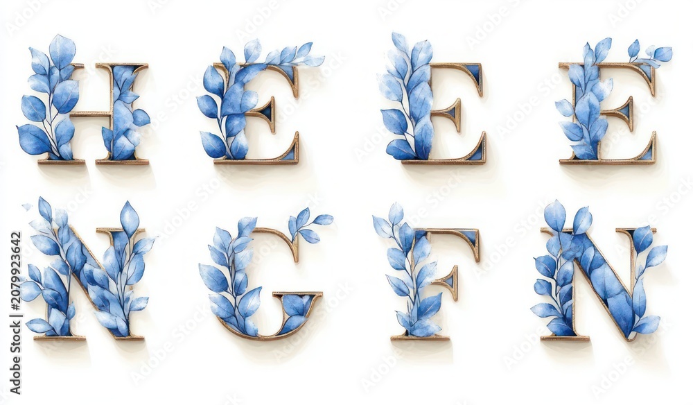 Obraz premium Grid of eight ornate serif letters with gold edges entwined with blue watercolor leaves on a white background, elegant and serene botanical typography