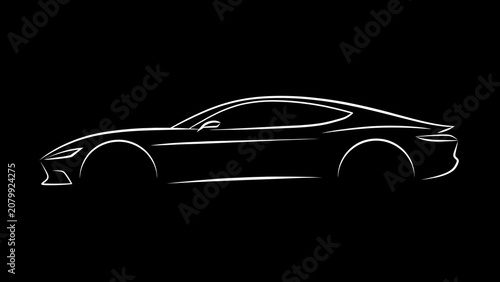 Modern Sports Car Side Outline Silhouette on Black Background, Luxury Automobile Design, Performance Vehicle and Minimal Line Art Concept