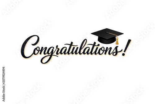 Congratulations Typography with Graduation Cap Isolated on White Background, Graduation Celebration, Academic Achievement and Education Success Concept