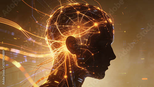 Artificial intelligence robot head profile with glowing digital brain neural network connections and cyber data infrastructure, generative AI