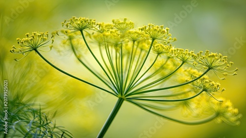 Delicate yellow flower clusters on a green stem, soft focus background