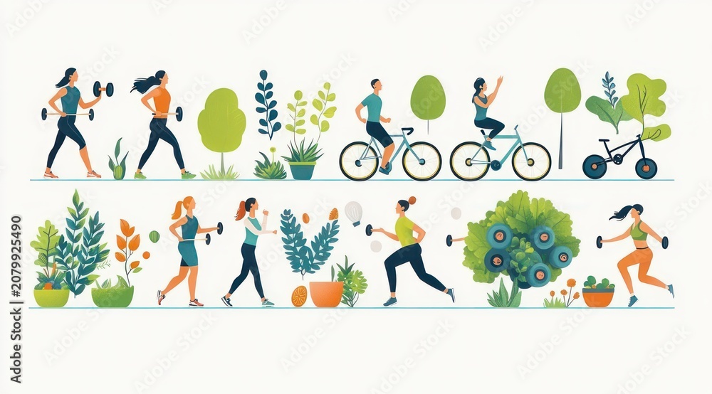 Fototapeta premium group of people jogging, cycling, walking and weight training outdoors among trees, potted plants and shrubs, cheerful energetic urban park fitness scene
