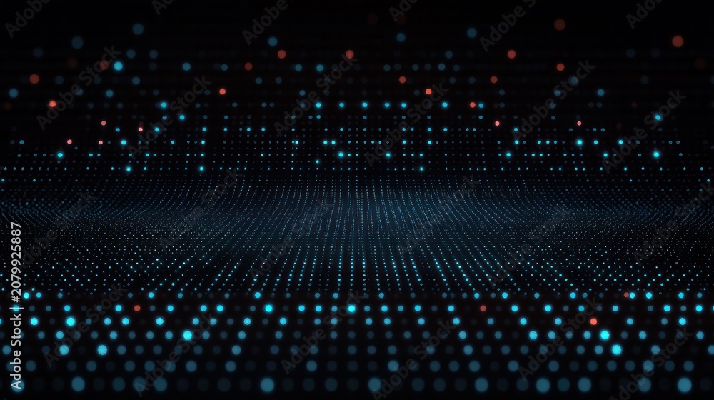 Fototapeta premium Glowing blue dot grid forming a wavy virtual landscape with scattered red lights over a dark horizon, futuristic, mysterious and immersive
