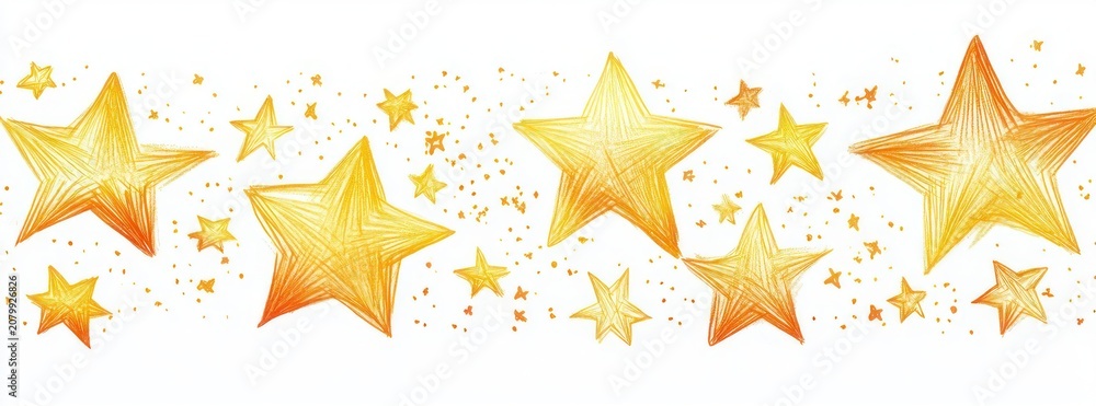 Fototapeta premium hand-drawn golden and orange stars with sparkles on white background, whimsical celebratory design