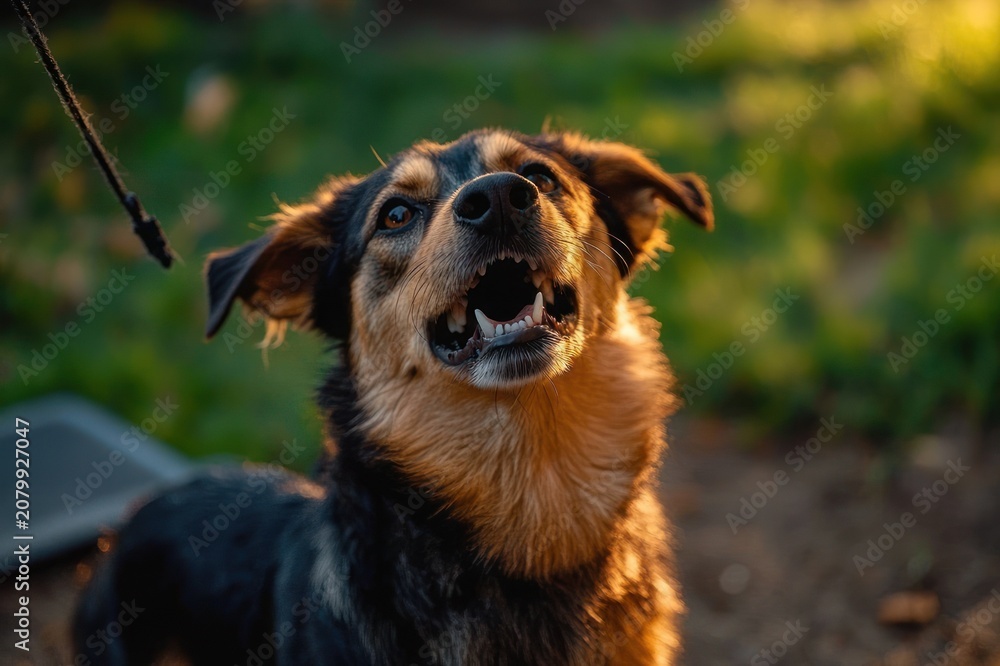Obraz premium black and tan dog on leash baring teeth and barking with alert, defensive expression in sunlit grassy yard