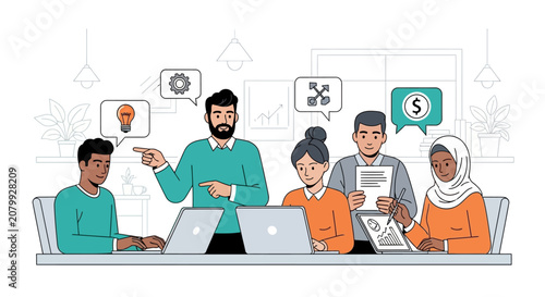 Obraz na płótnie Diverse Business Team Collaborating in Modern Office Vector Illustration