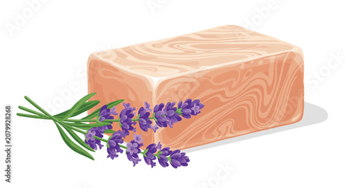 Organic lavender soap bar with realistic marble texture lies next to fresh purple lavender flowers on a white background.