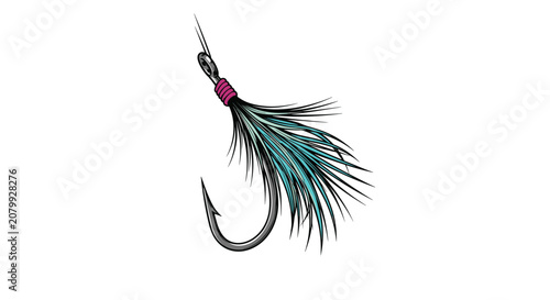 Metal fishing hook decorated with green and black feathers serves as a professional fly fishing lure for sport fishing.