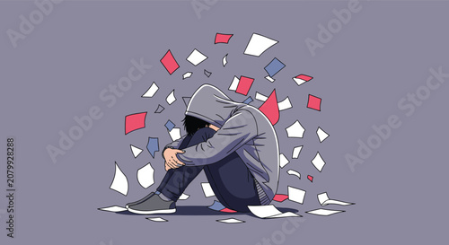 Overwhelmed person wearing a hoodie sits curled in a defensive pose surrounded by scattered, flying sheets of paper.