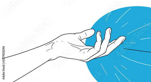 Line art illustration depicts an open human hand receiving or emitting magical blue light rays and energy circles.