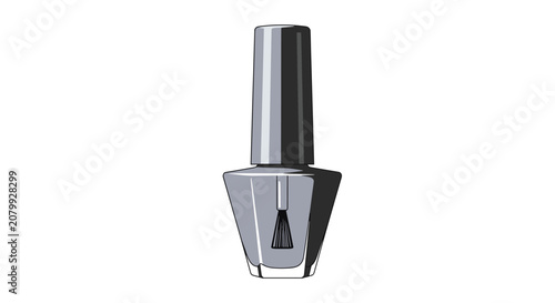 Classic bottle of gray nail polish with a visible brush inside is shown in a stylish vector illustration, ideal for beauty salon.