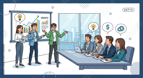 Εκτύπωση καμβά Business Team Presentation and Meeting with Growth Chart Vector Illustration