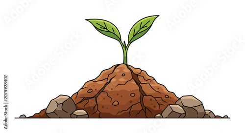 Small green plant sprout grows successfully from a pile of brown fertile soil surrounded by pebbles and rocks.
