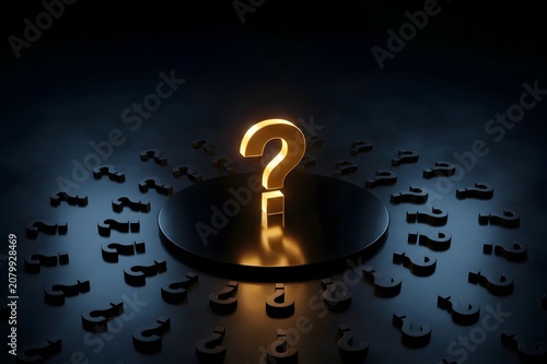 Luminous gold question mark on a central podium surrounded by dark symbols illustrating core business problems, strategic focus and finding key answers