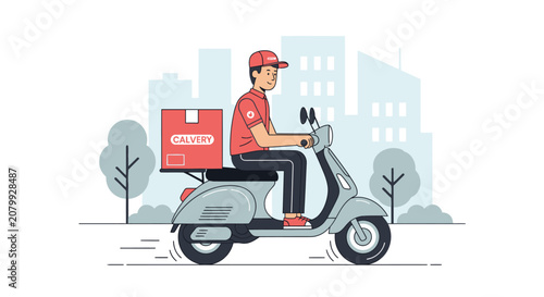 Valokuva Delivery Courier on Scooter Vector Illustration