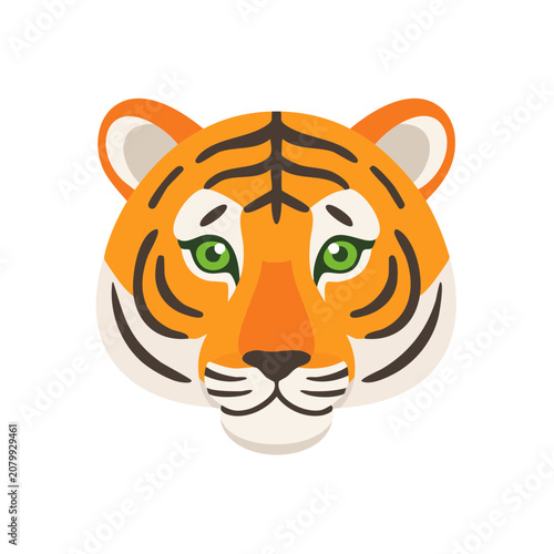 Flat illustration of a tiger face with green eyes