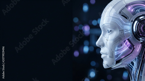 Futuristic artificial intelligence robot profile with glowing neon circuit board pattern
