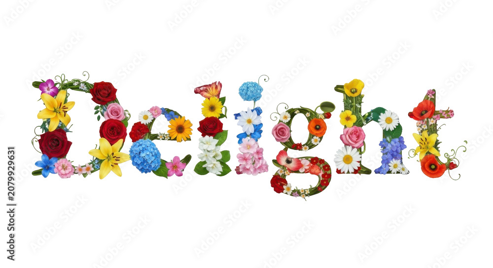 Fototapeta premium Word Delight written with various colorful garden flowers and blossoms isolated on white background