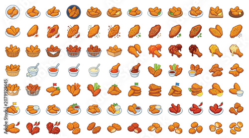 Fotografie Collection of diverse chicken wing and nugget illustrations with various dipping sauces and side dishes