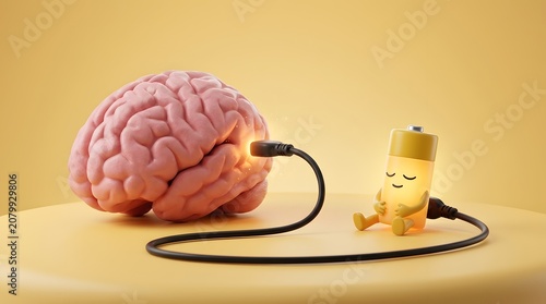 Human brain connected to sleeping cute battery character representing mental recharge cognitive rest and restoring psychological energy