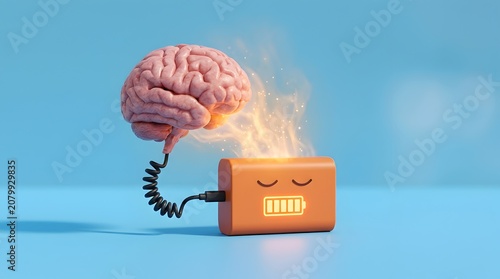 Glowing human brain connected to full battery character showing peak cognitive performance and restored mental energy on blue background