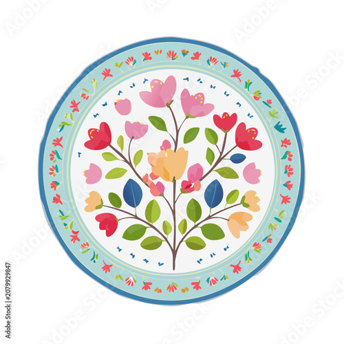 Colorful Floral Plate Design with Ornate Border