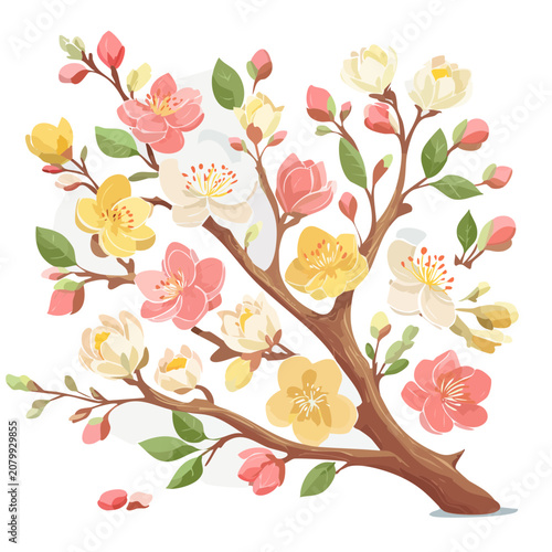 Colorful flowering tree branch with blossoms and buds