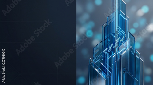 Abstract futuristic skyscraper cityscape with glowing blue digital data circuits and glass panels