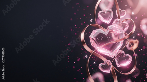 Abstract romantic crystal hearts with elegant pink ribbons on a dark magical background
