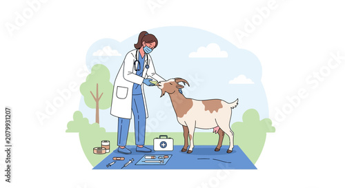 Veterinarian Examining Goat Outdoors with Medical Supplies