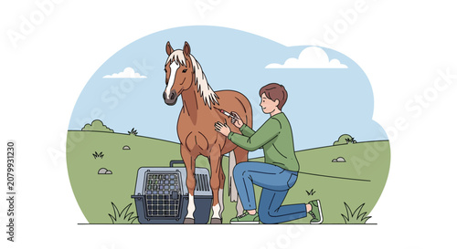 Veterinarian examining horse, rural healthcare, pet transport crate nearby