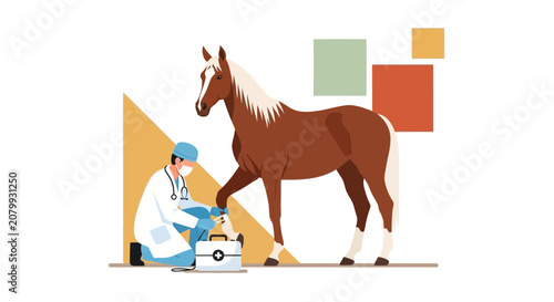 Veterinarian Examining Horse Leg with Medical Kit, Healthy Animal Care Concept