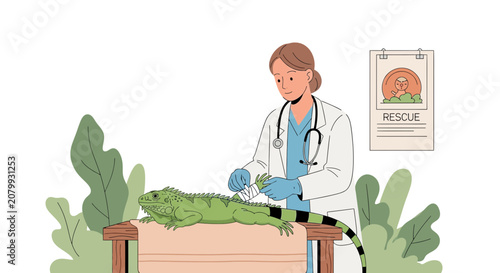 Veterinarian examining iguana vet clinic, animal care, reptile checkup