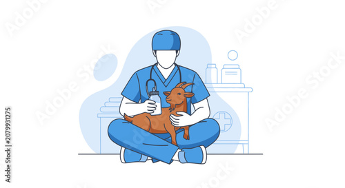 Veterinarian Feeding Puppy Bottle Flat Line Art Illustration