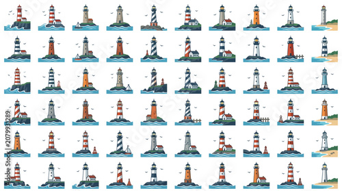 Εκτύπωση καμβά Collection of diverse lighthouses standing tall on rocky shores and islands, guiding ships at sea