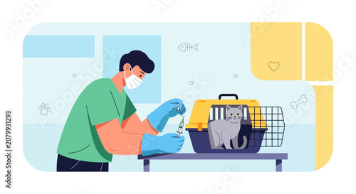 Veterinarian giving injection to cat in carrier at clinic