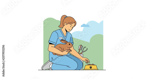 Veterinarian Feeding Rabbit Outdoors, Animal Care, Healthy Environment