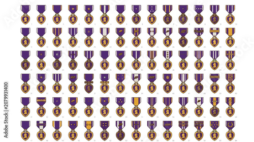 Obraz na plátně A large collection of Purple Heart medals displayed in a grid pattern on a white background