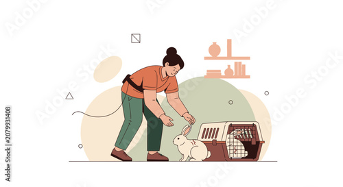 Woman Taming Two Rabbits Near Pet Carrier | Animal Care Illustration