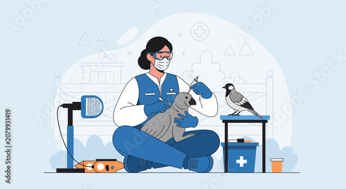 Veterinary care: woman in protective gear treats injured bird and seal